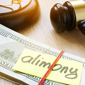 Gavel, money, and "alimony" note, symbolizing alimony and spousal support legal services
