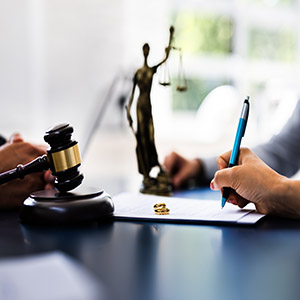 Signing divorce documents with gavel and wedding rings; affordable legal paperwork without retainer.